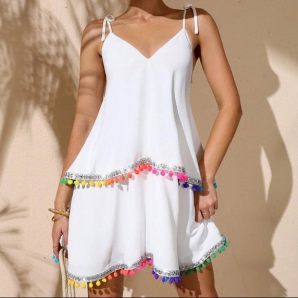 Boho Tie Shoulder Pom Pom Cami Mini Dress White - Picture 2 of 4